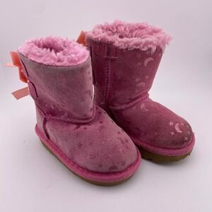 UGG Toddler Pink Stars‎ Moons Bailey Bow Boots Sheepskin Winter Cozy Size 6
